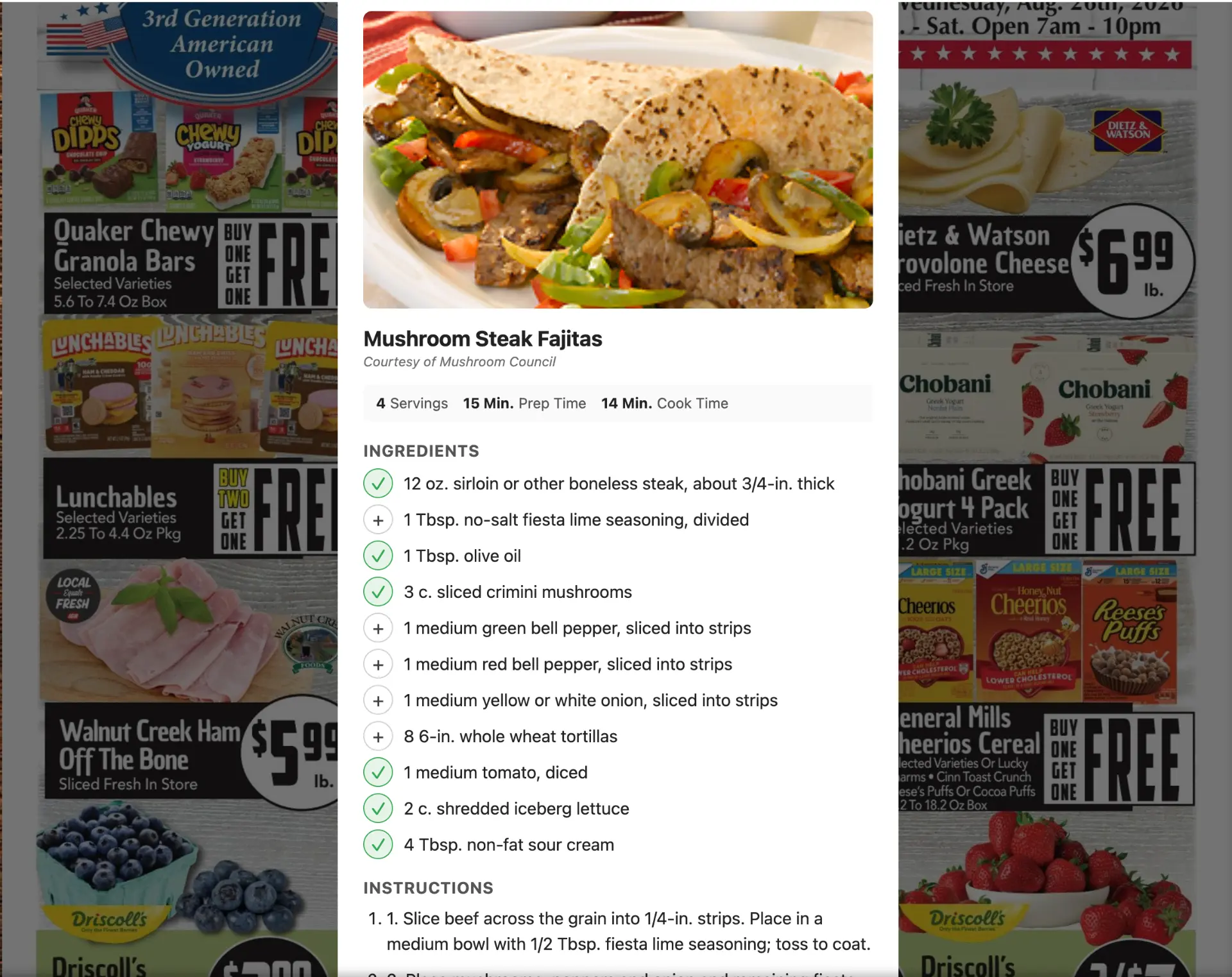 Recipe view inside a digital circular showing Mushroom Steak Fajitas with a checkable ingredient list
