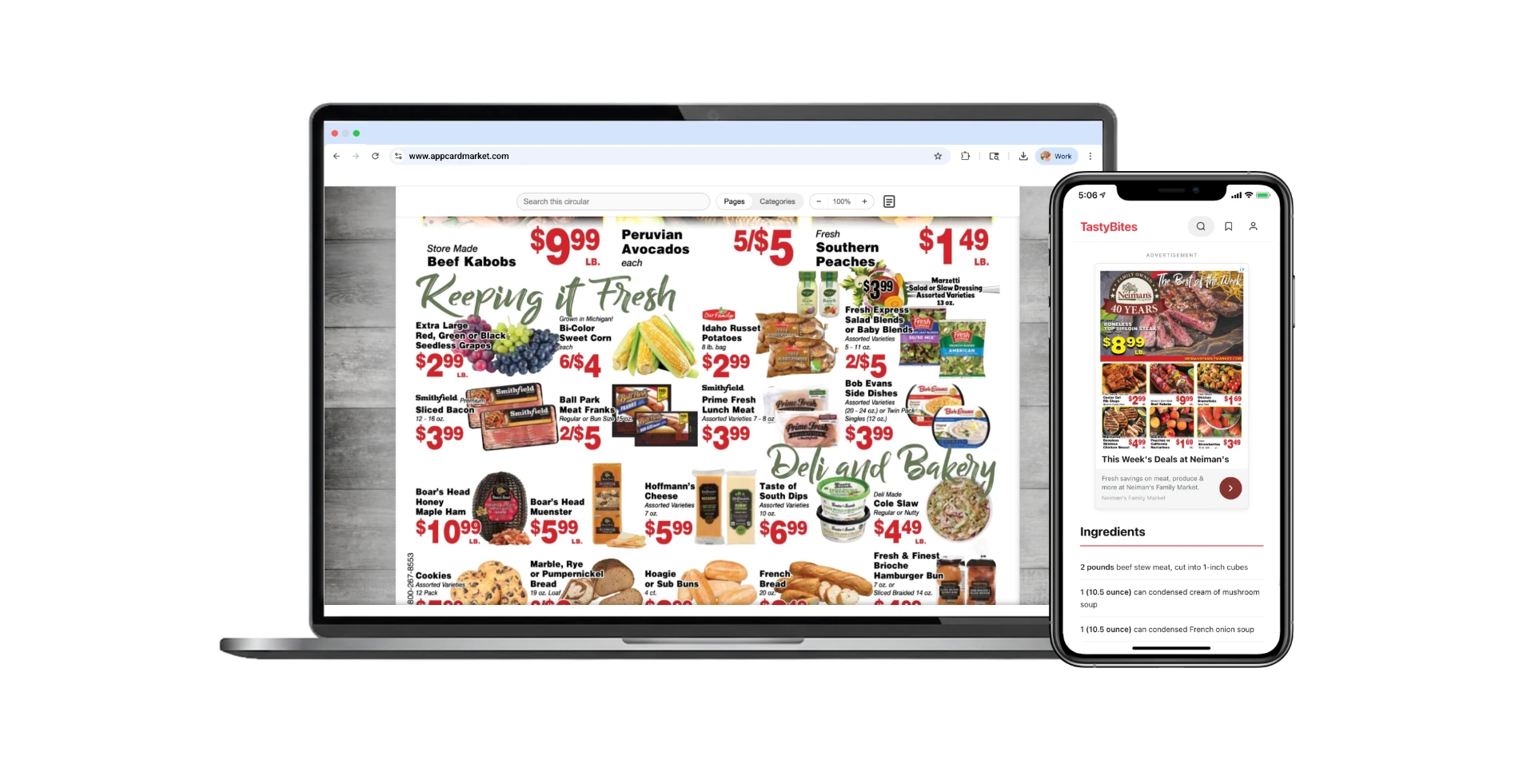 A grocer's digital circular shown on a laptop and a smartphone side by side