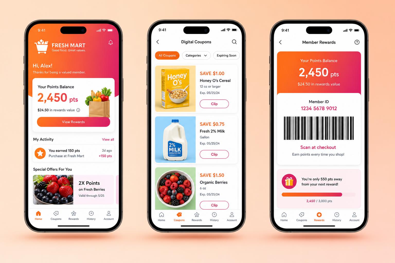 Three smartphones showing a branded grocery loyalty app: home screen with points balance, digital coupons list, and member rewards barcode